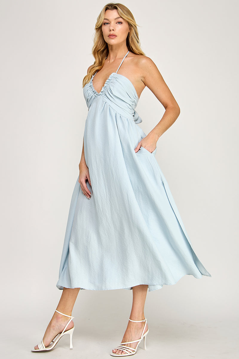 HALTER NECK OPEN BACK SELF TIE MAXI DRESS