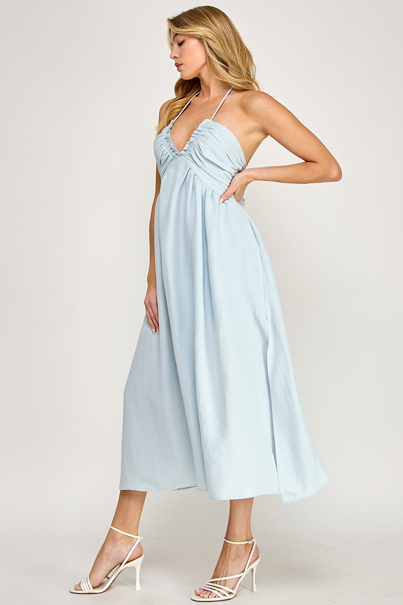 HALTER NECK OPEN BACK SELF TIE MAXI DRESS