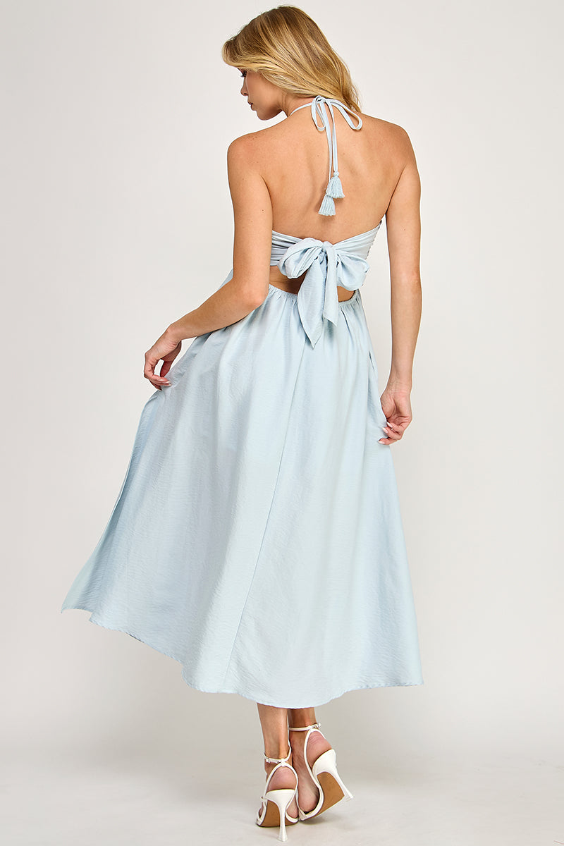 HALTER NECK OPEN BACK SELF TIE MAXI DRESS