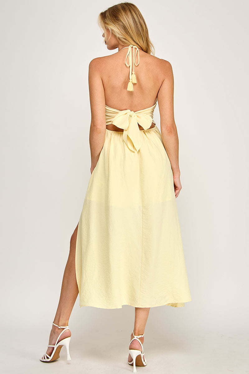 HALTER NECK OPEN BACK SELF TIE MAXI DRESS