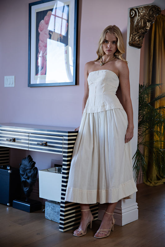 STRAPLESS BUSTIER STYLE MIDI DRESS