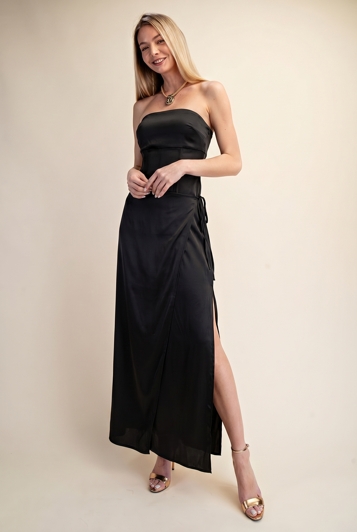 BLUSH SATIN STRAPLESS WRAP MAXI DRESS - BLACK