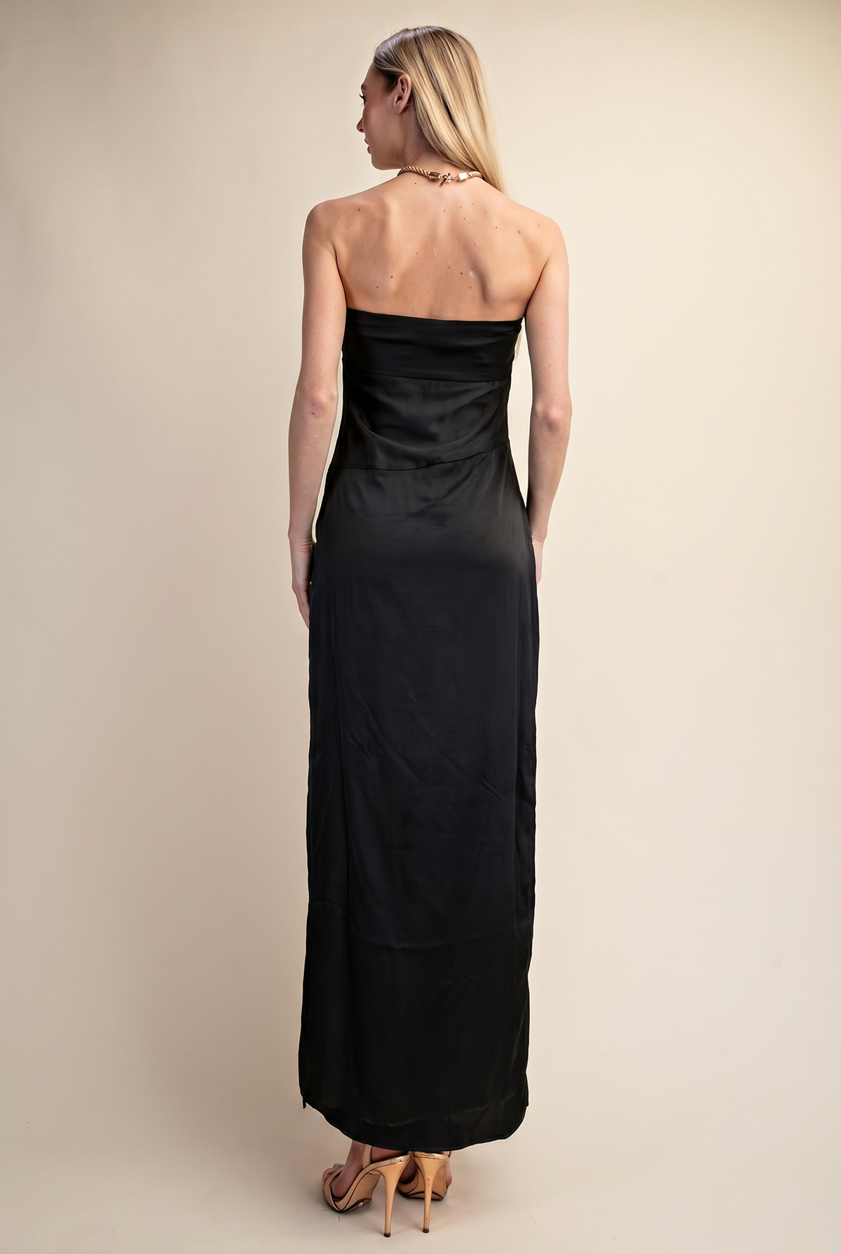 BLUSH SATIN STRAPLESS WRAP MAXI DRESS - BLACK