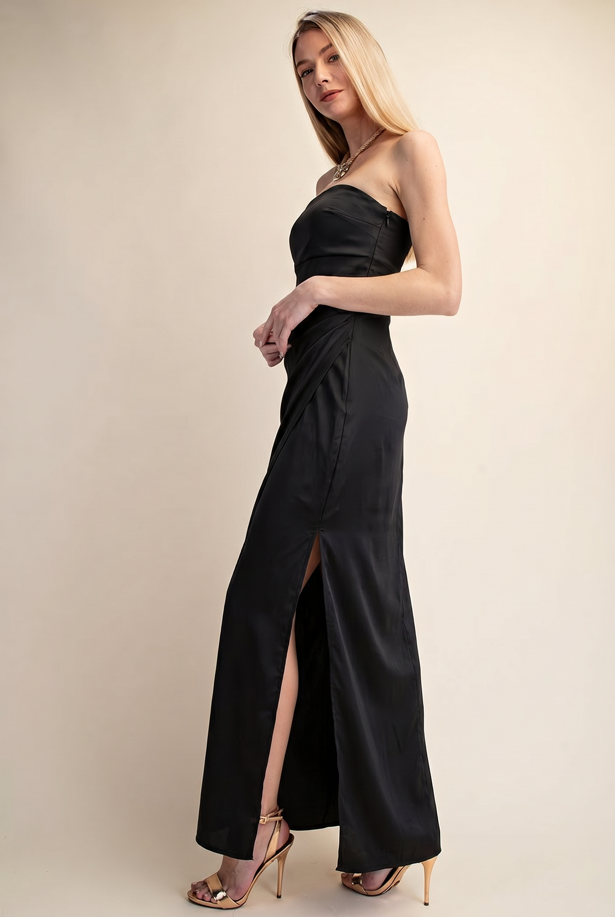 BLUSH SATIN STRAPLESS WRAP MAXI DRESS - BLACK