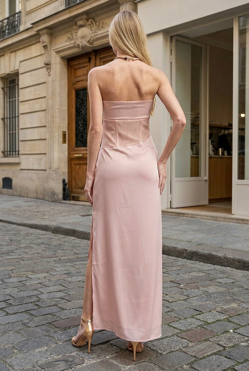 BLUSH SATIN STRAPLESS WRAP MAXI DRESS