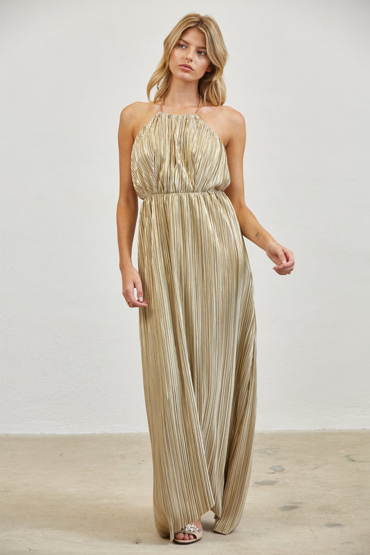 GOLDEN DUNE PLEATED HALTER MAXI DRESS