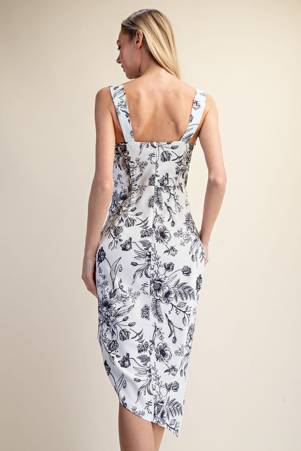 FLORAL ASYMMETRICAL BUSTIER CORSET MIDI DRESS - BLACK