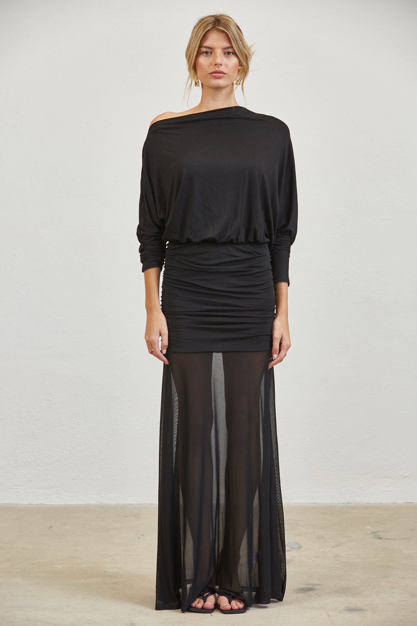 RUCHED ONE SHOULDER MESH MAXI DRESS - BROWN