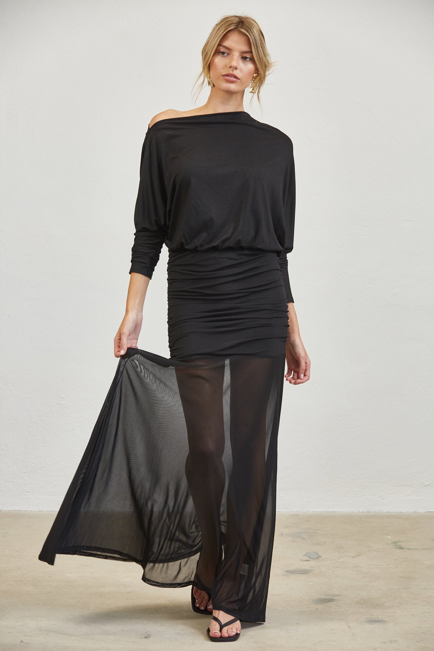 RUCHED ONE SHOULDER MESH MAXI DRESS - BROWN