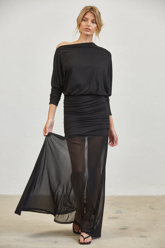 RUCHED ONE SHOULDER MESH MAXI DRESS - BROWN