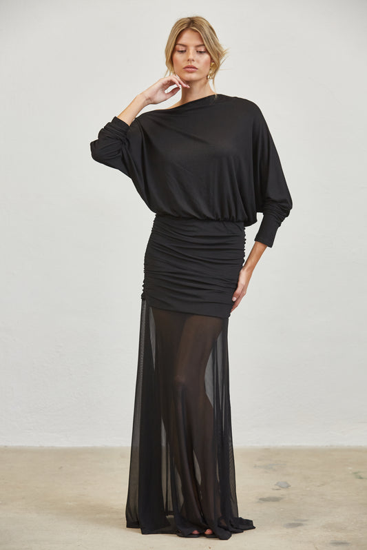RUCHED ONE SHOULDER MESH MAXI DRESS - BLACK