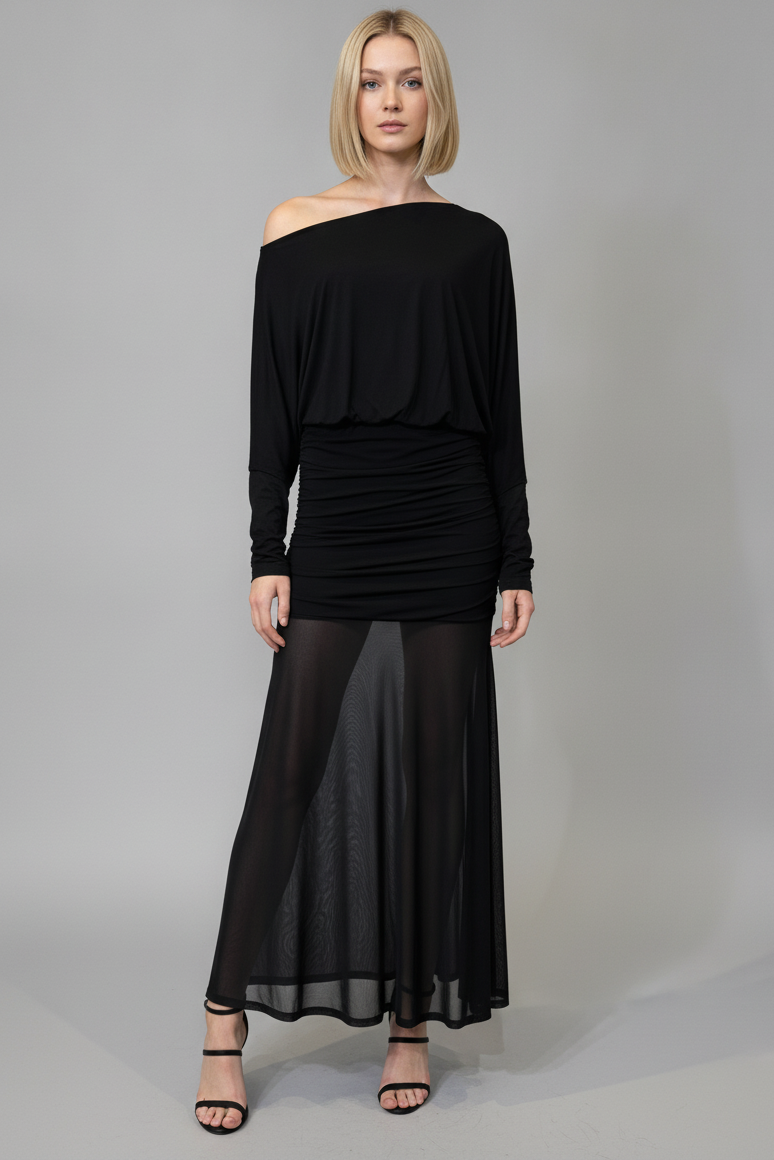 RUCHED ONE SHOULDER MESH MAXI DRESS