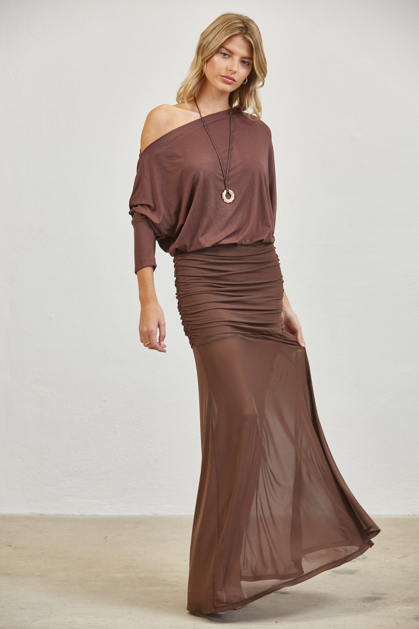RUCHED ONE SHOULDER MESH MAXI DRESS - BROWN