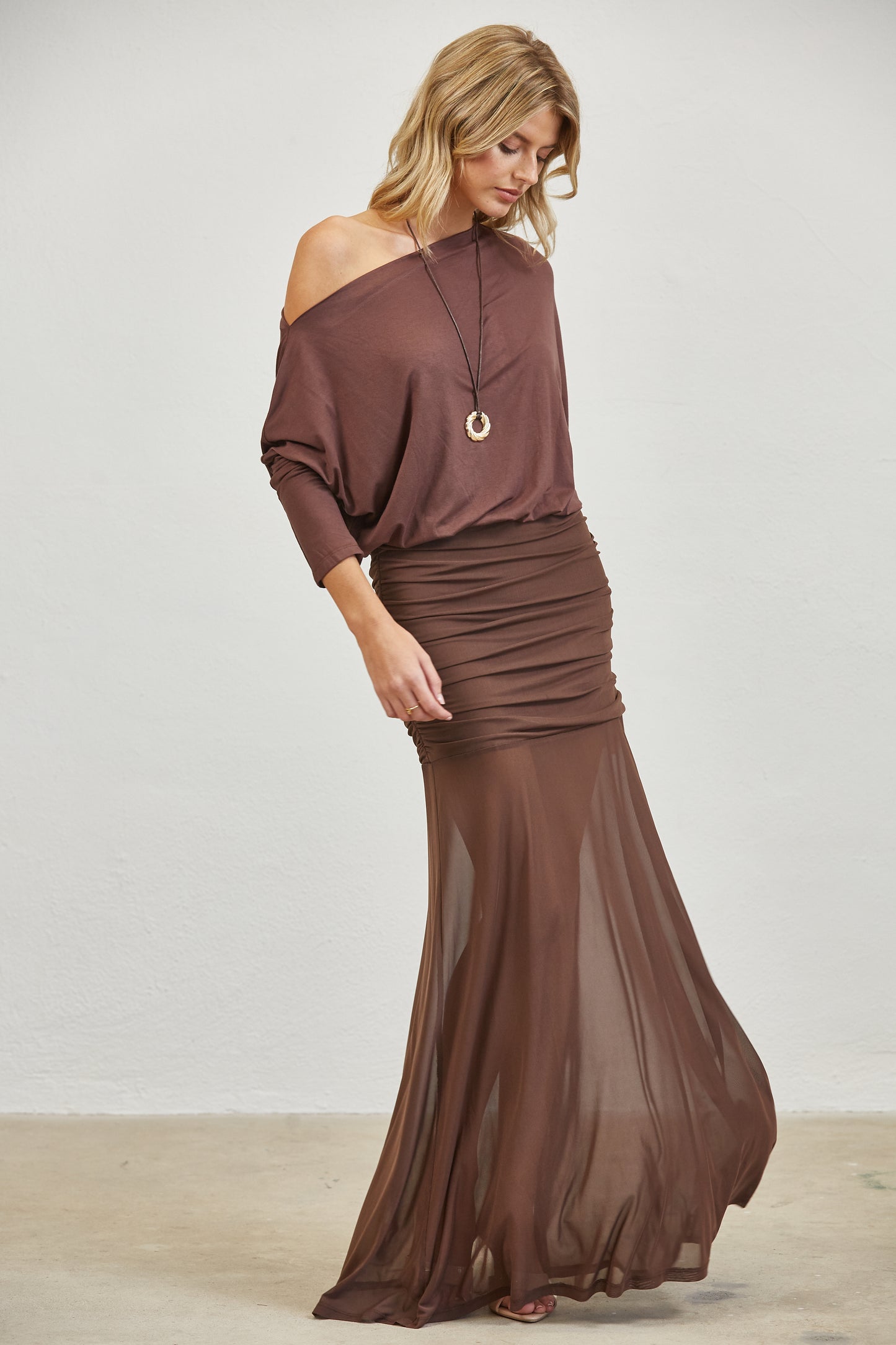 RUCHED ONE SHOULDER MESH MAXI DRESS - BROWN