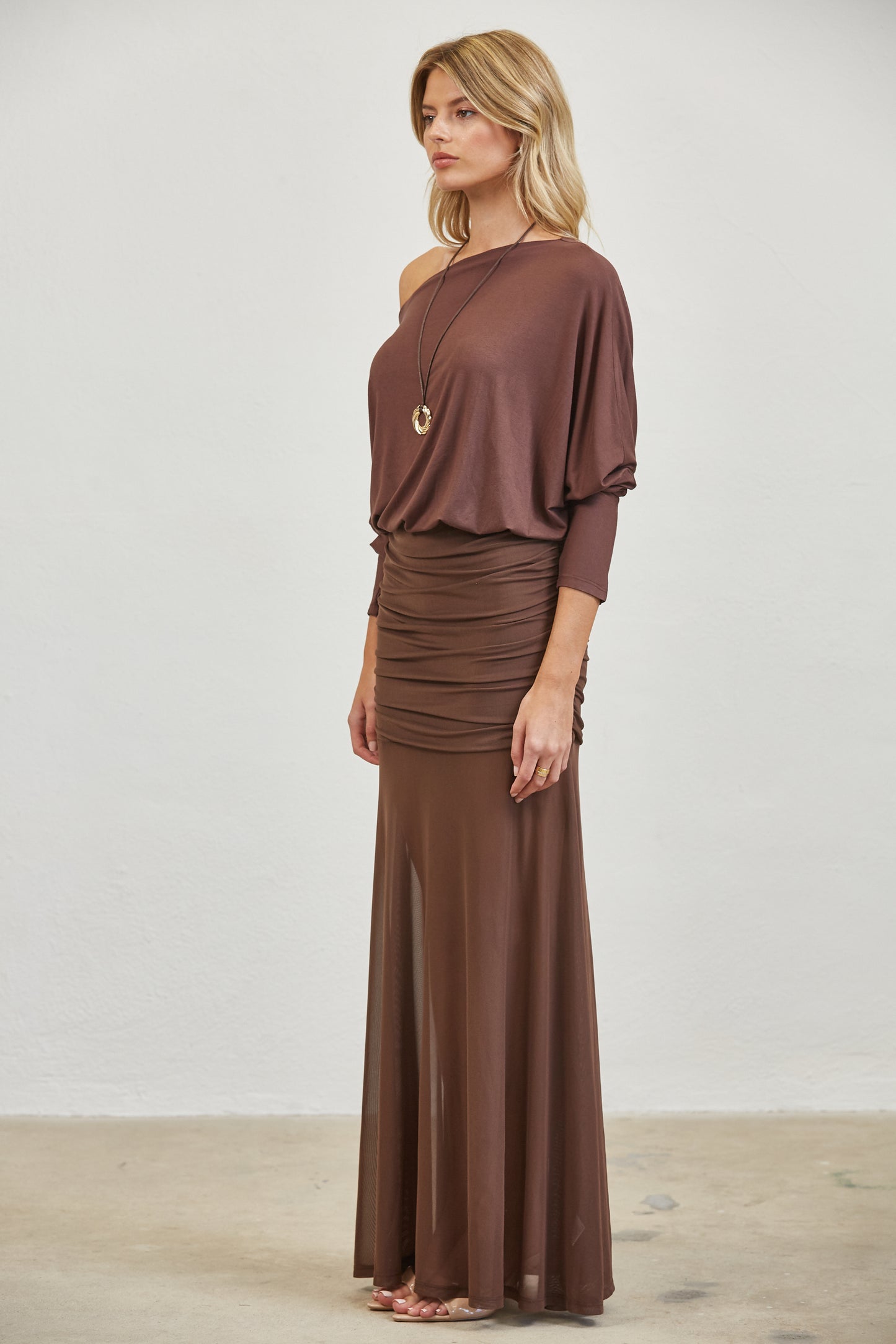 RUCHED ONE SHOULDER MESH MAXI DRESS - BROWN