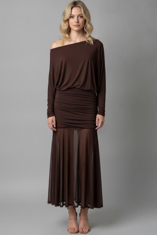 RUCHED ONE SHOULDER MESH MAXI DRESS