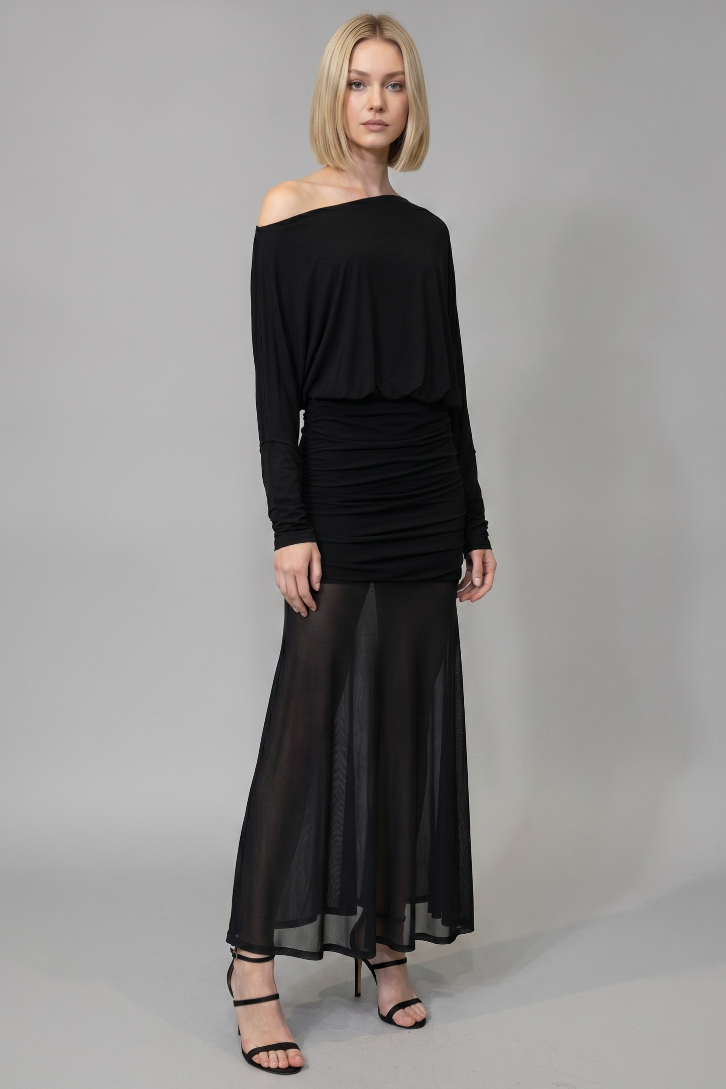 RUCHED ONE SHOULDER MESH MAXI DRESS