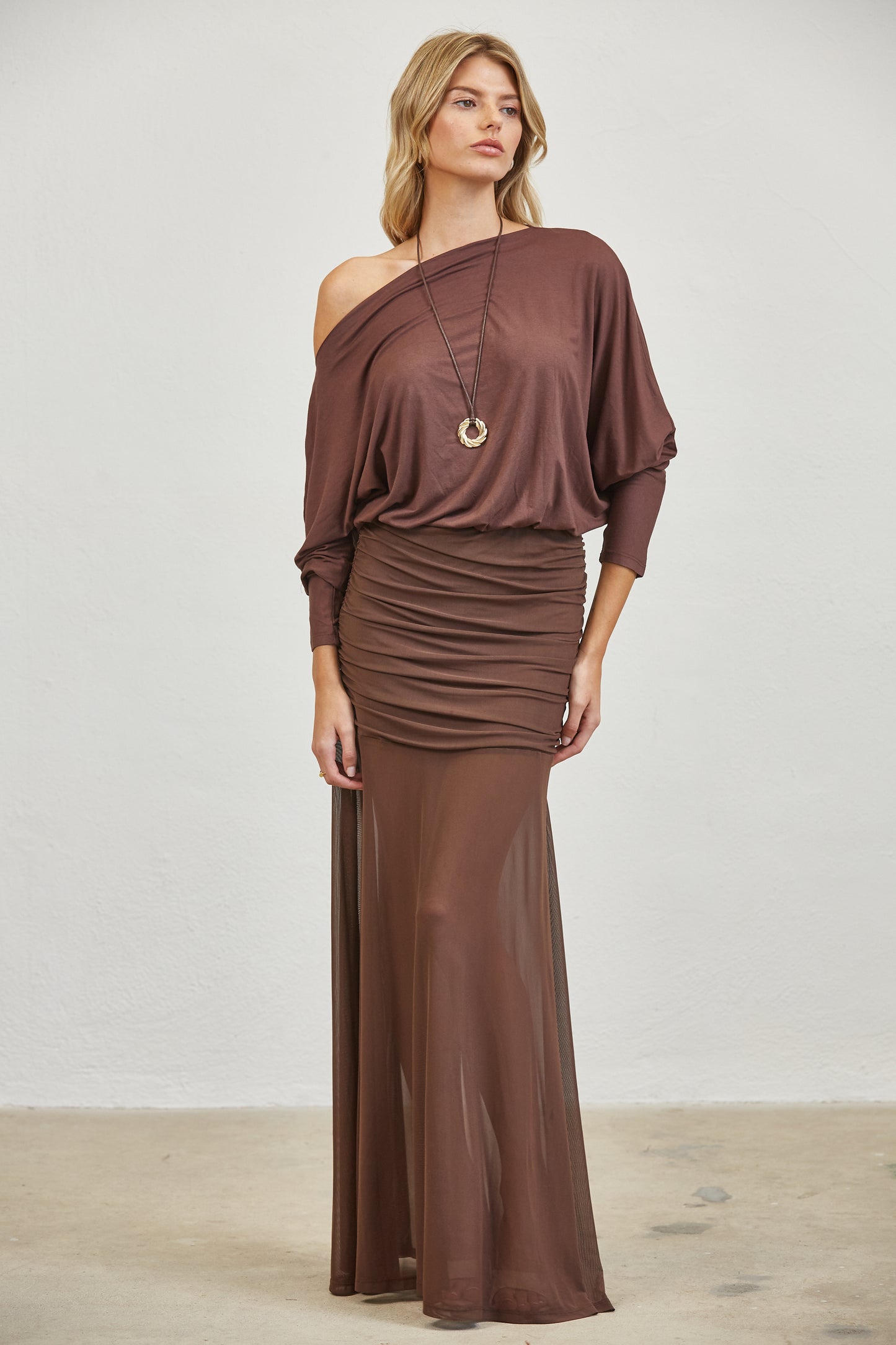 RUCHED ONE SHOULDER MESH MAXI DRESS - BROWN