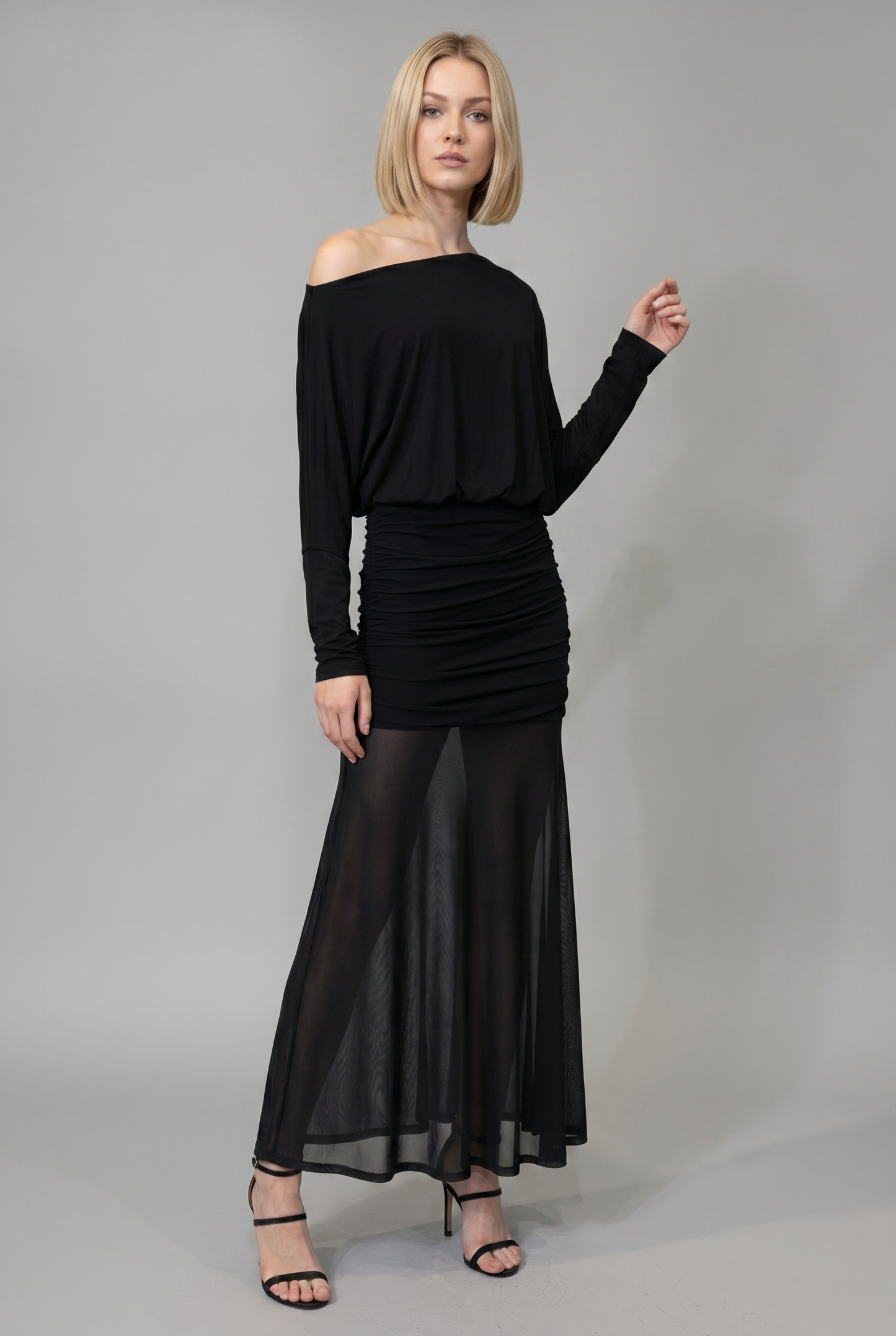 RUCHED ONE SHOULDER MESH MAXI DRESS