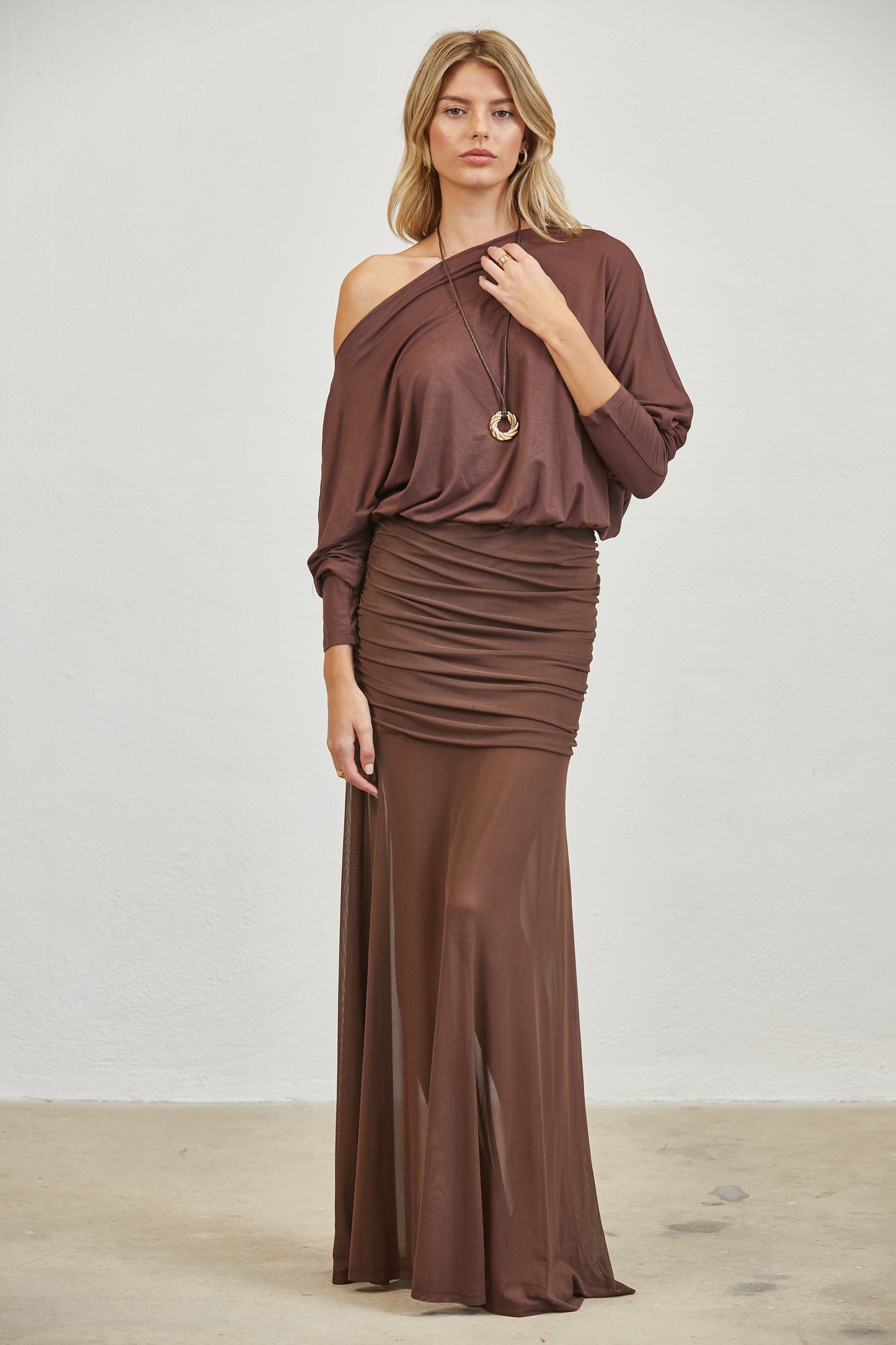 RUCHED ONE SHOULDER MESH MAXI DRESS - BROWN