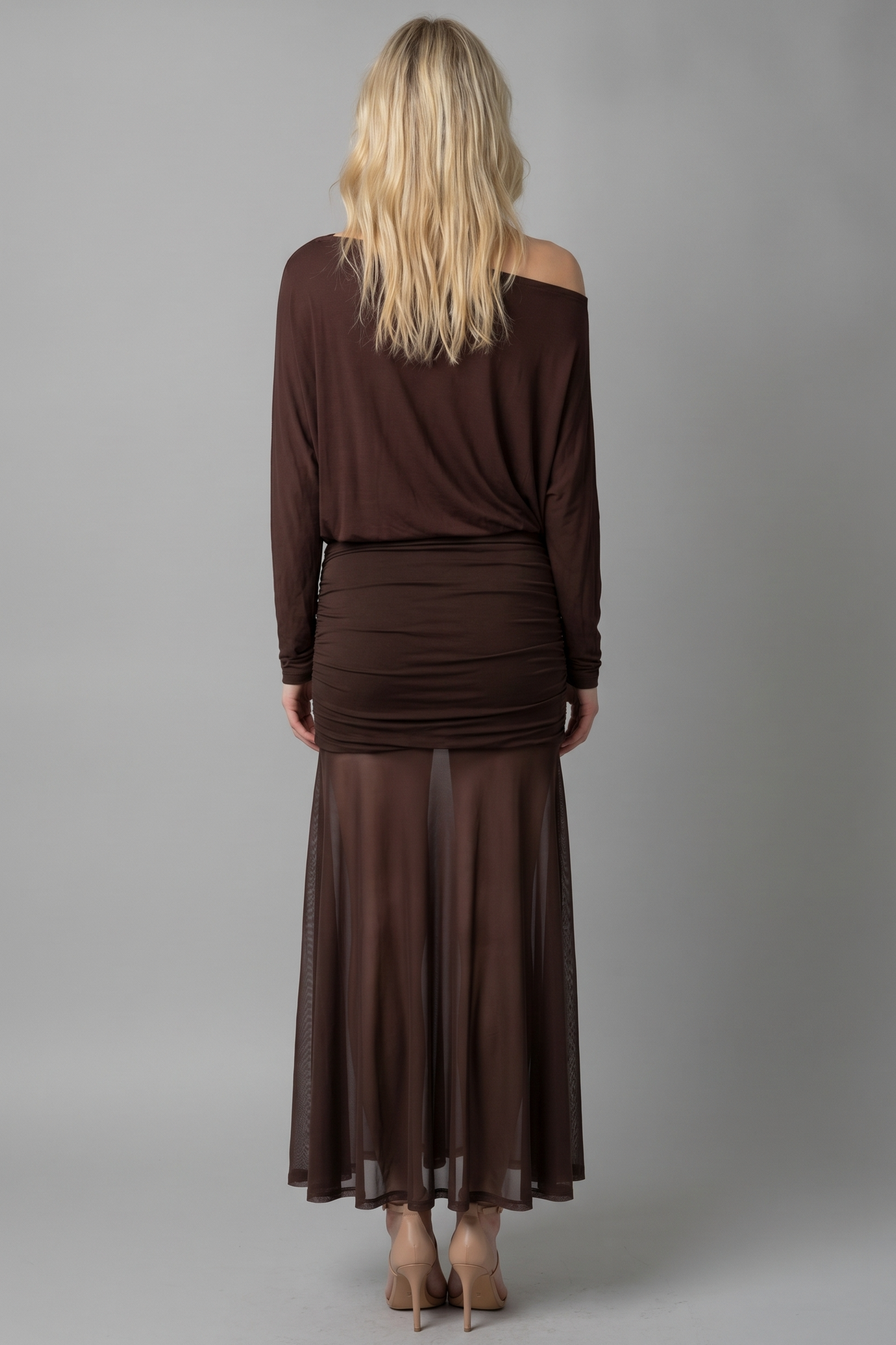 RUCHED ONE SHOULDER MESH MAXI DRESS
