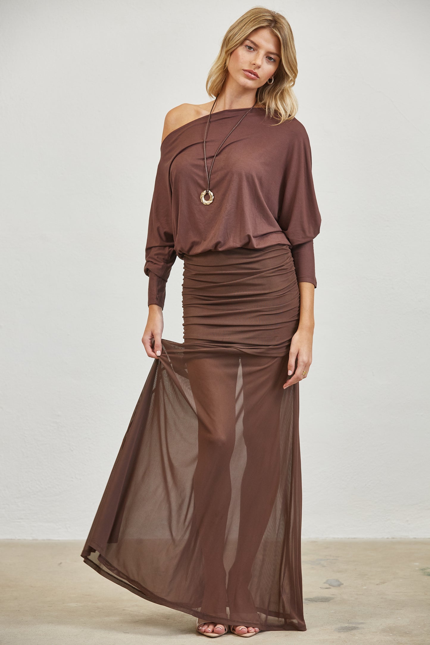 RUCHED ONE SHOULDER MESH MAXI DRESS - BROWN