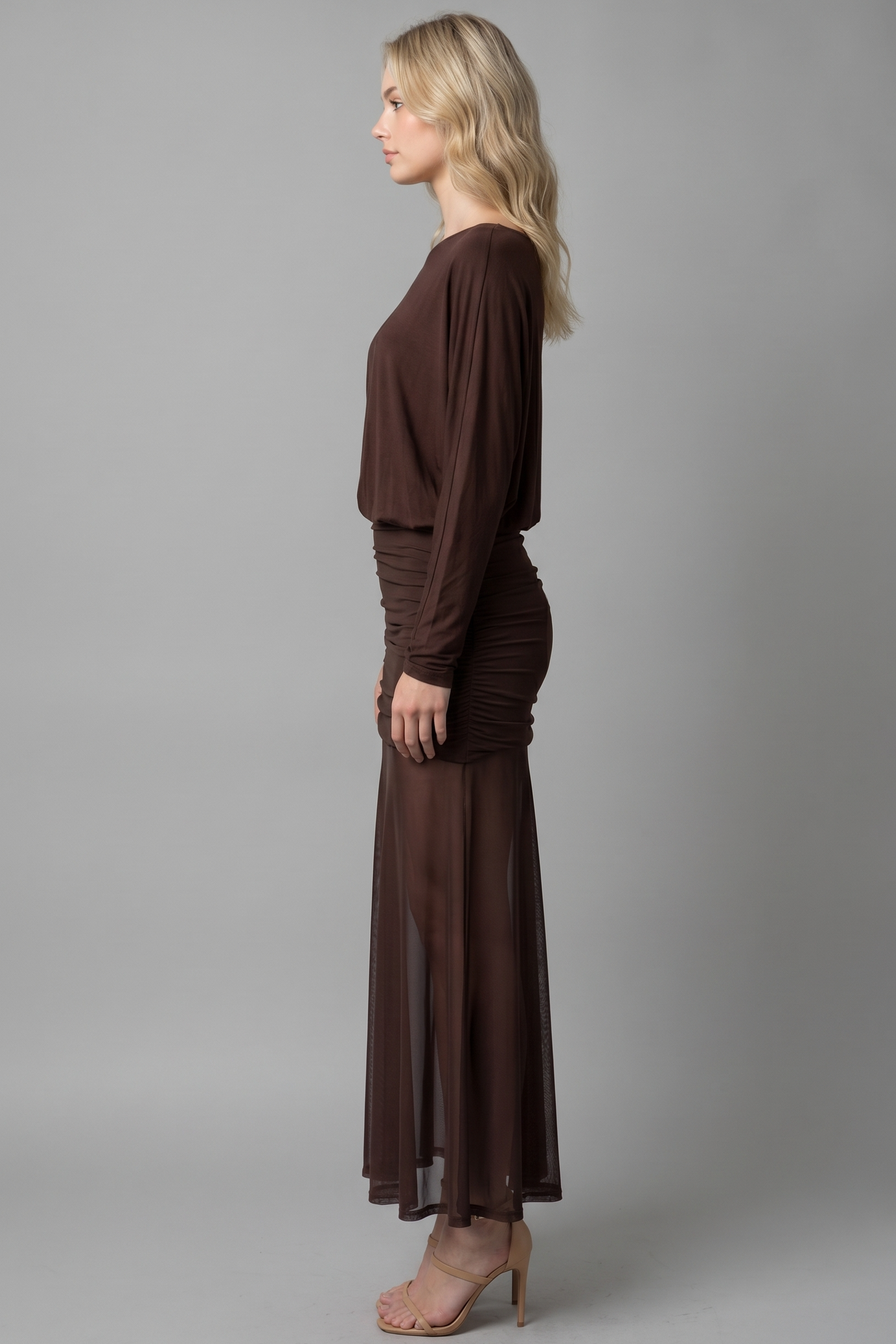 RUCHED ONE SHOULDER MESH MAXI DRESS