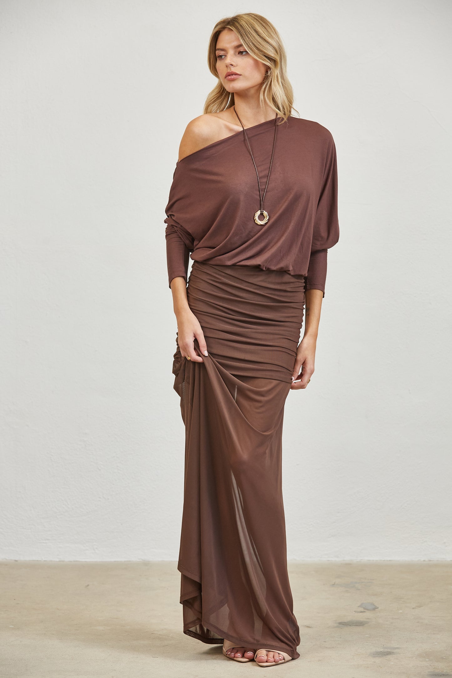 RUCHED ONE SHOULDER MESH MAXI DRESS - BROWN
