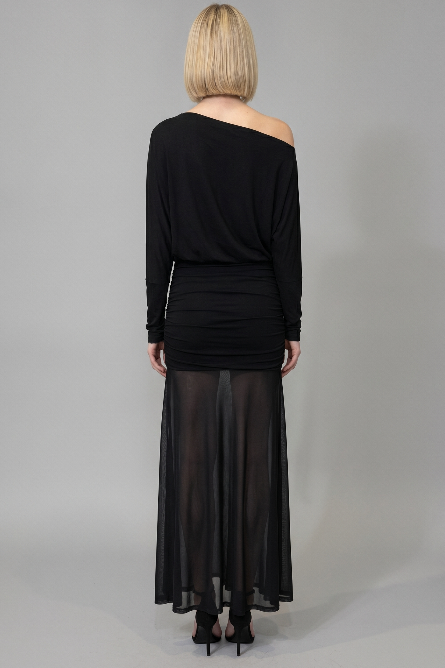 RUCHED ONE SHOULDER MESH MAXI DRESS