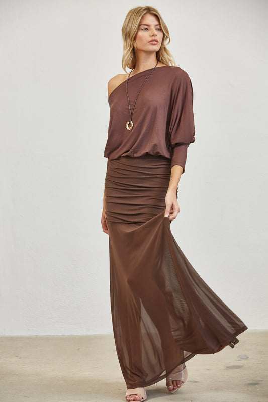 RUCHED ONE SHOULDER MESH MAXI DRESS - BROWN