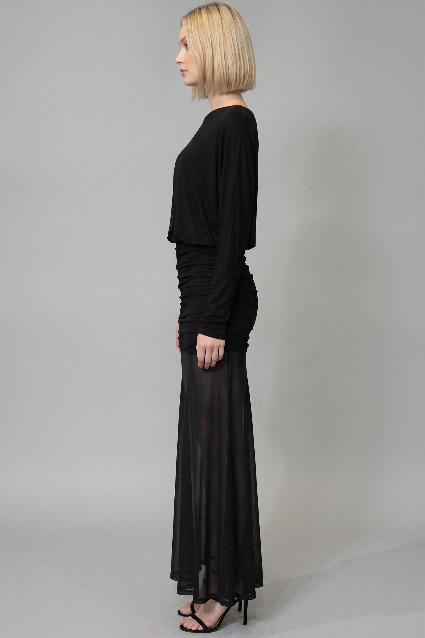 RUCHED ONE SHOULDER MESH MAXI DRESS