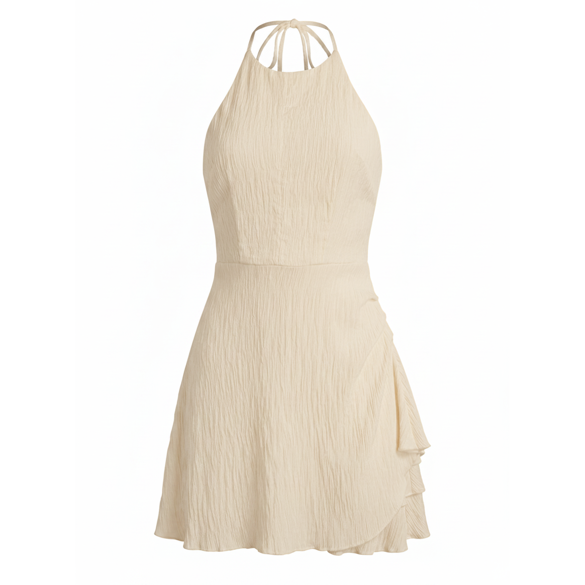 TEXTURED HALTER MINI DRESS WITH RUFFLE DETAIL