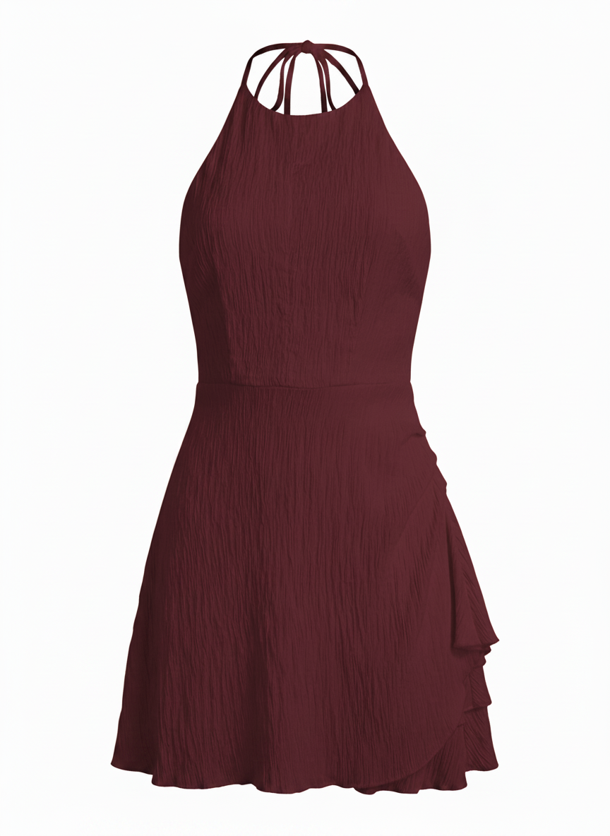 TEXTURED HALTER MINI DRESS WITH RUFFLE DETAIL