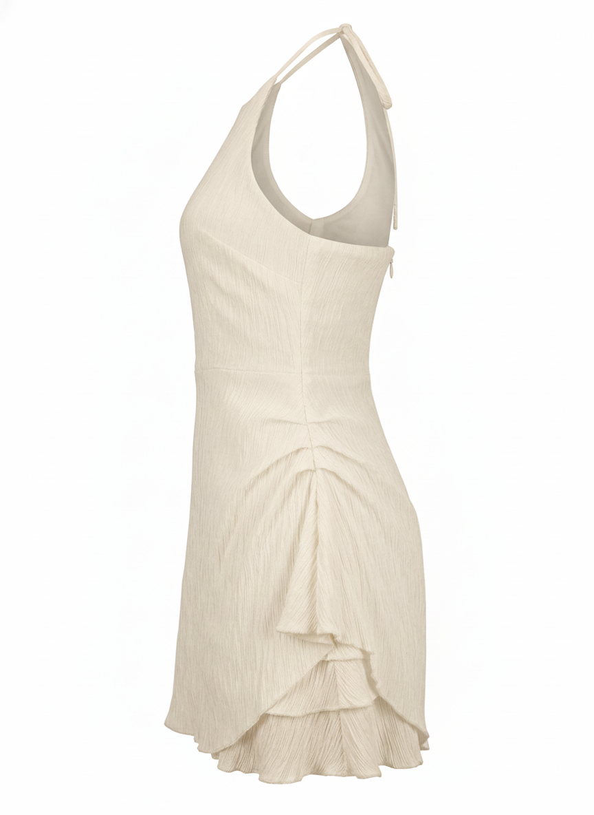 TEXTURED HALTER MINI DRESS WITH RUFFLE DETAIL