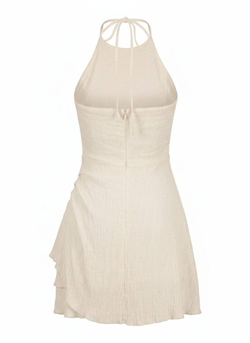 TEXTURED HALTER MINI DRESS WITH RUFFLE DETAIL