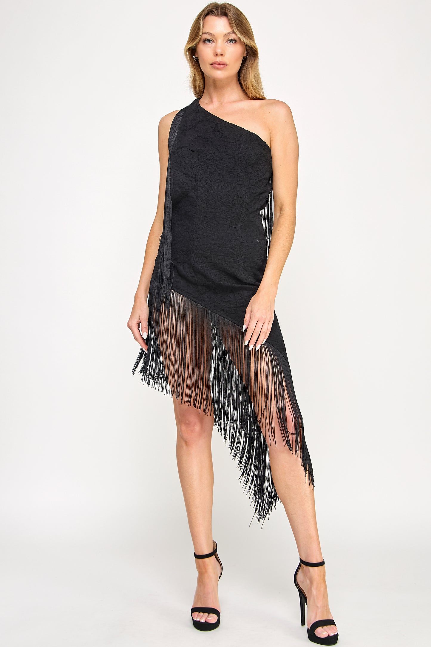 MIDNIGHT FRINGE ONE SHOULDER ASYMMETRICAL DRESS
