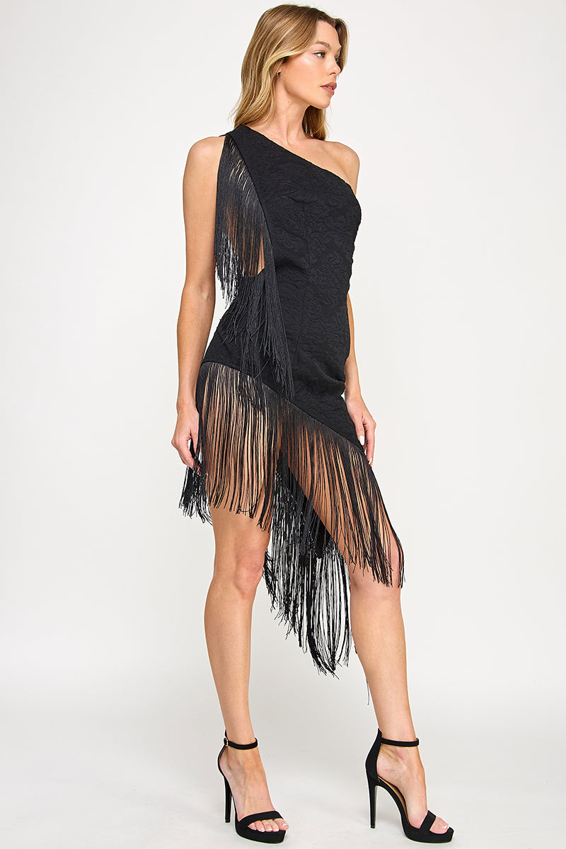 MIDNIGHT FRINGE ONE SHOULDER ASYMMETRICAL DRESS