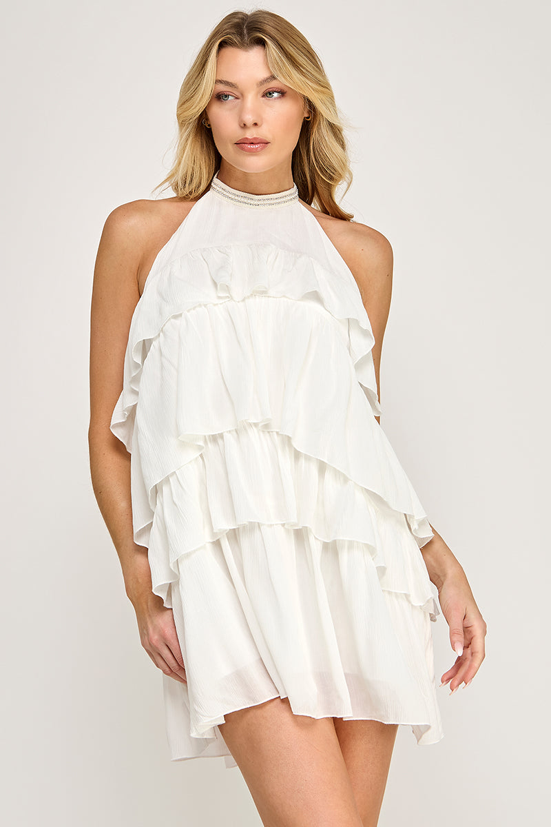 EMBELLISHED HALTER NECK TIERED MINI DRESS