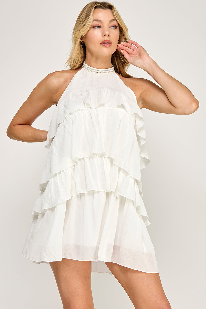 EMBELLISHED HALTER NECK TIERED MINI DRESS