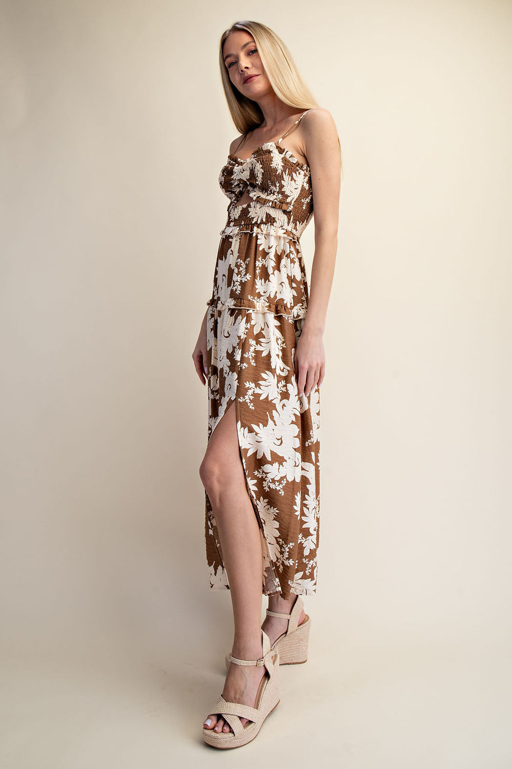 COCOA BLOOM SMOCKED MAXI DRESS - BROWN