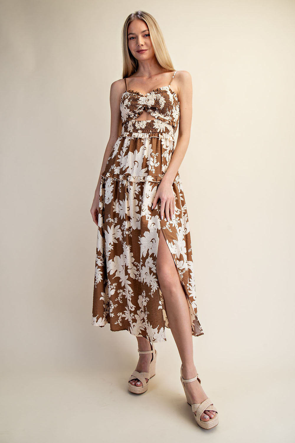 COCOA BLOOM SMOCKED MAXI DRESS - BROWN