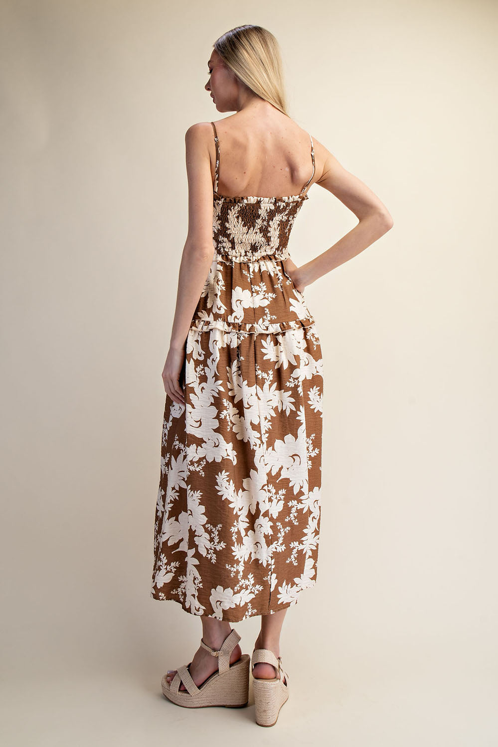 COCOA BLOOM SMOCKED MAXI DRESS - BROWN