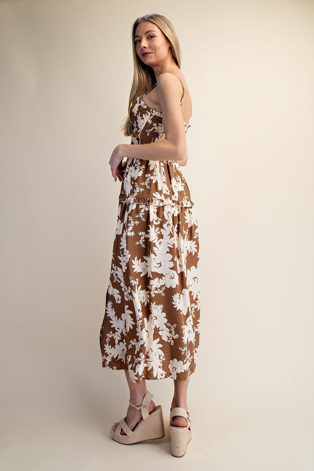 COCOA BLOOM SMOCKED MAXI DRESS - BROWN