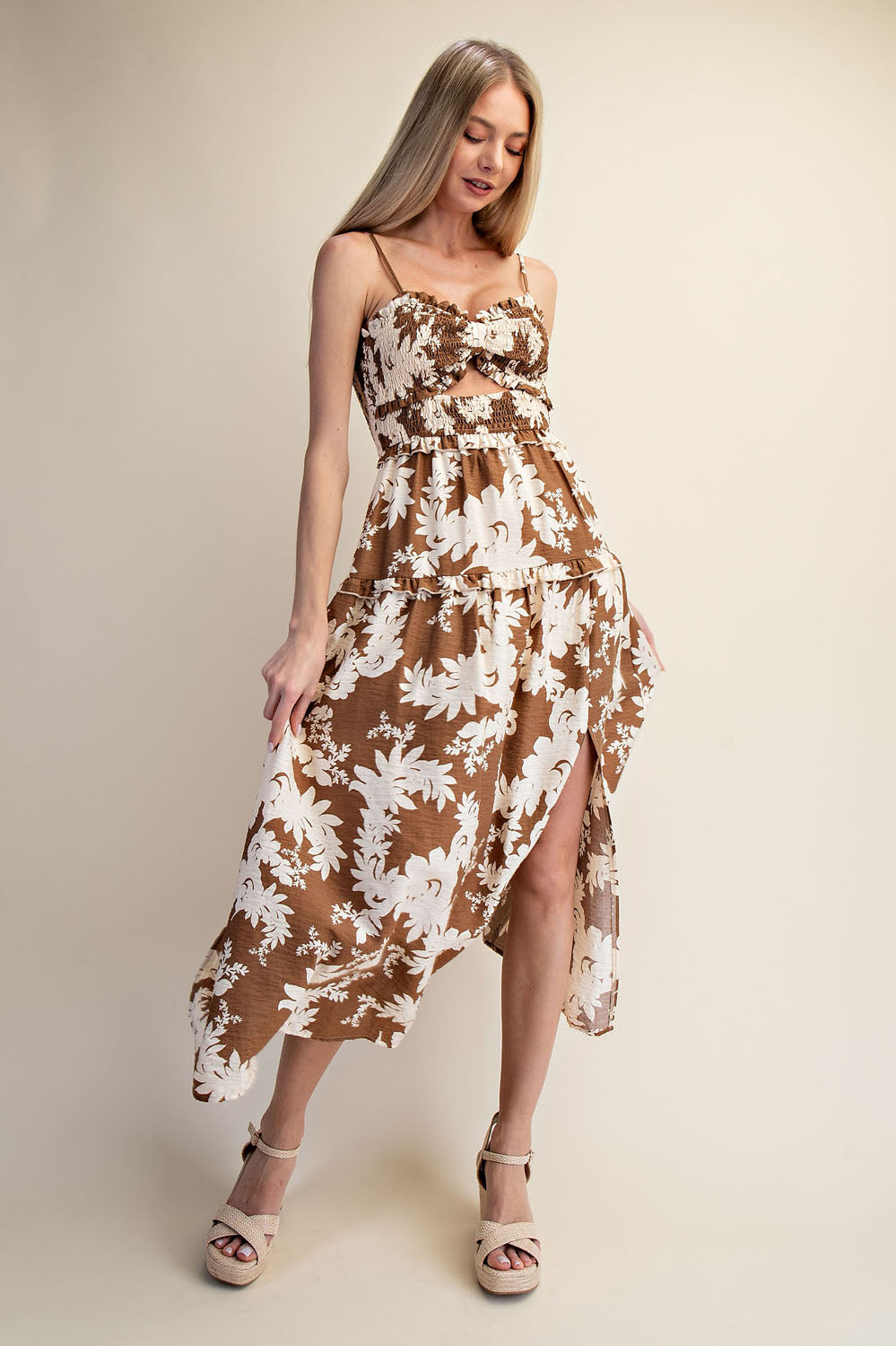 COCOA BLOOM SMOCKED MAXI DRESS - BROWN