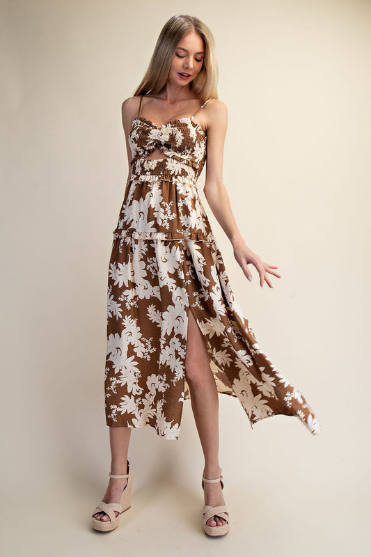 COCOA BLOOM SMOCKED MAXI DRESS - BROWN