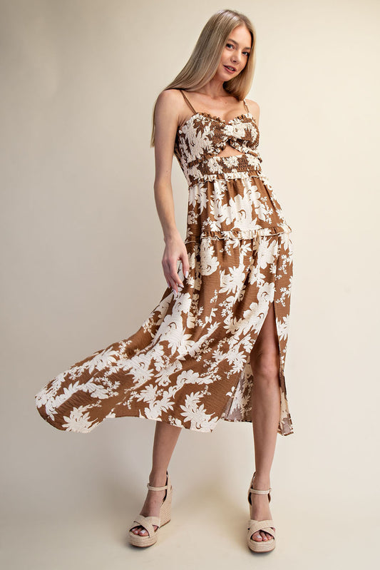 COCOA BLOOM SMOCKED MAXI DRESS - BROWN