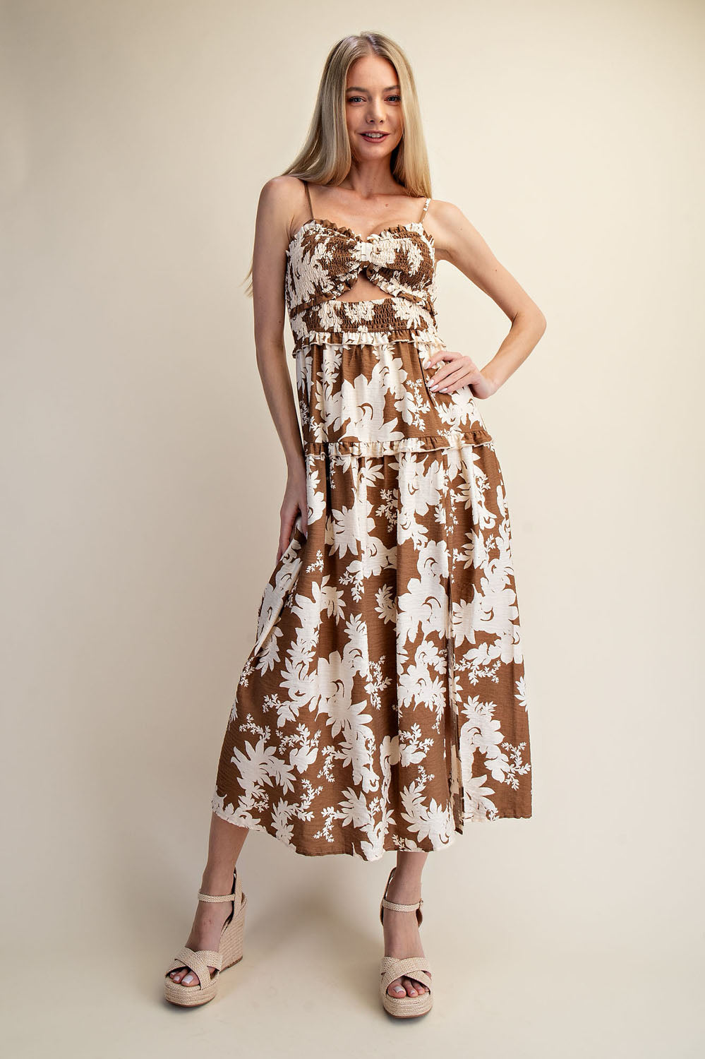 COCOA BLOOM SMOCKED MAXI DRESS - BROWN