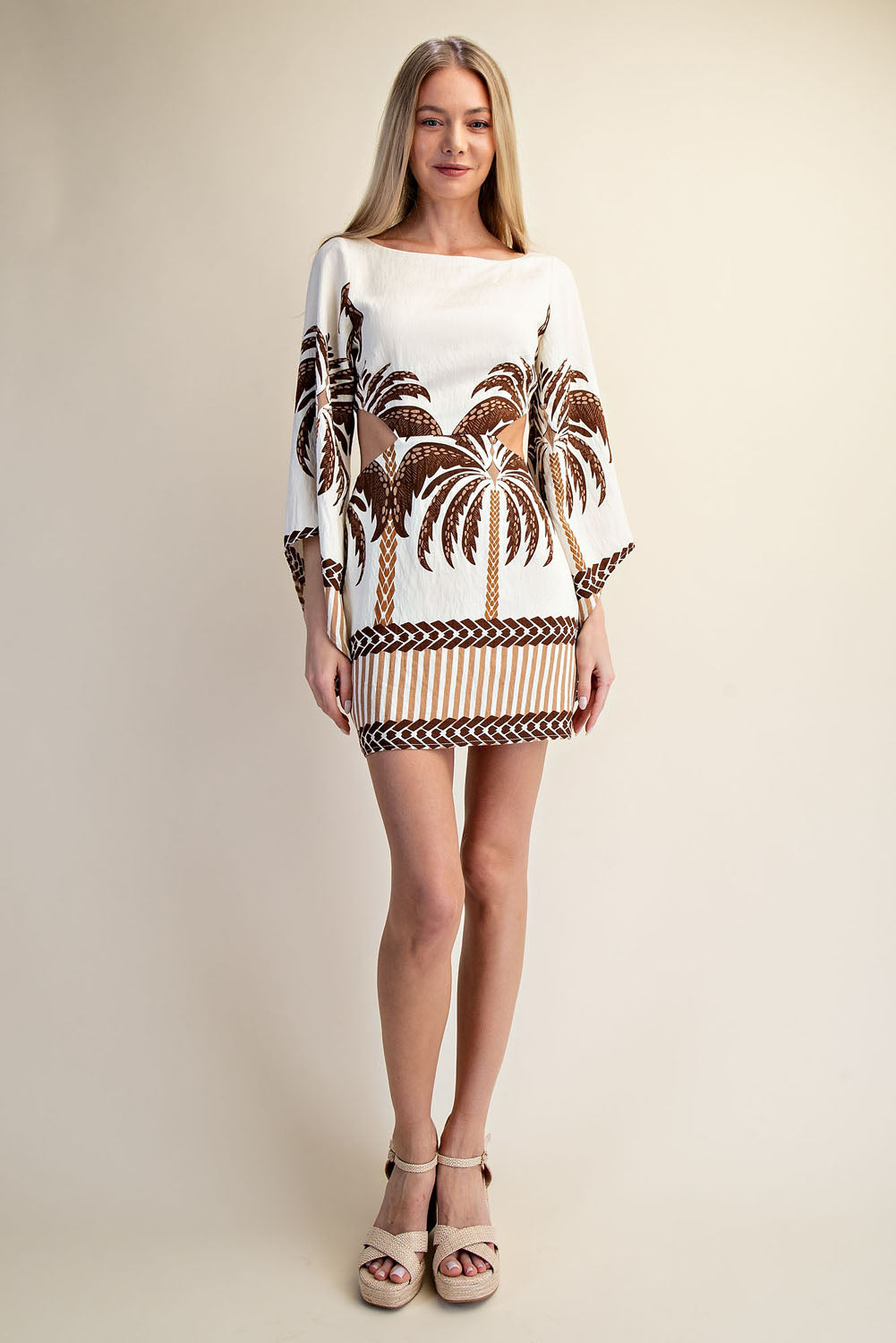 OPEN BACK LONG SLEEVE  PALM TREE PRINT MINI DRESS - BROWN