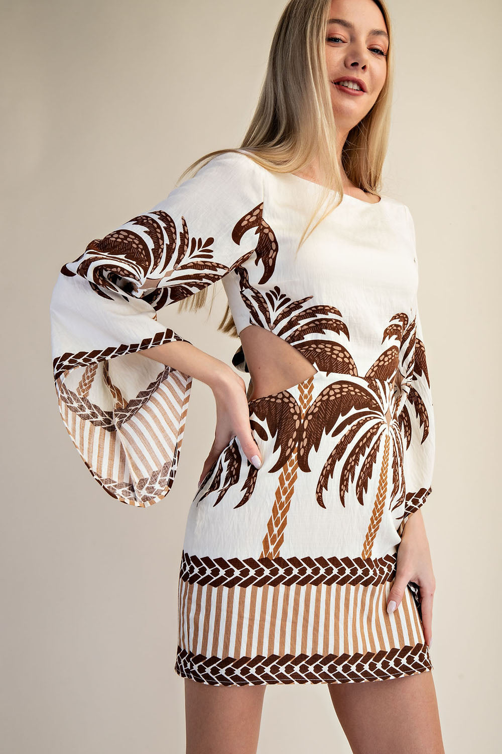 OPEN BACK LONG SLEEVE  PALM TREE PRINT MINI DRESS - BROWN