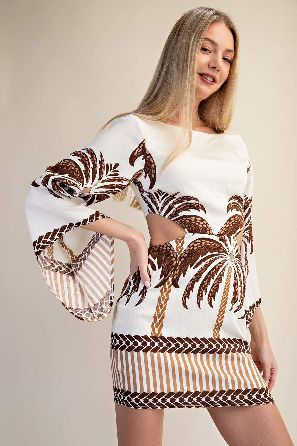 OPEN BACK LONG SLEEVE  PALM TREE PRINT MINI DRESS - BROWN